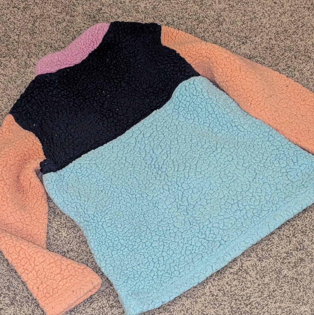 Girls Medium Cozy Colorblock Sherpa Pullover Sweater - Pink/Peach/Blue - Picture 4 of 4